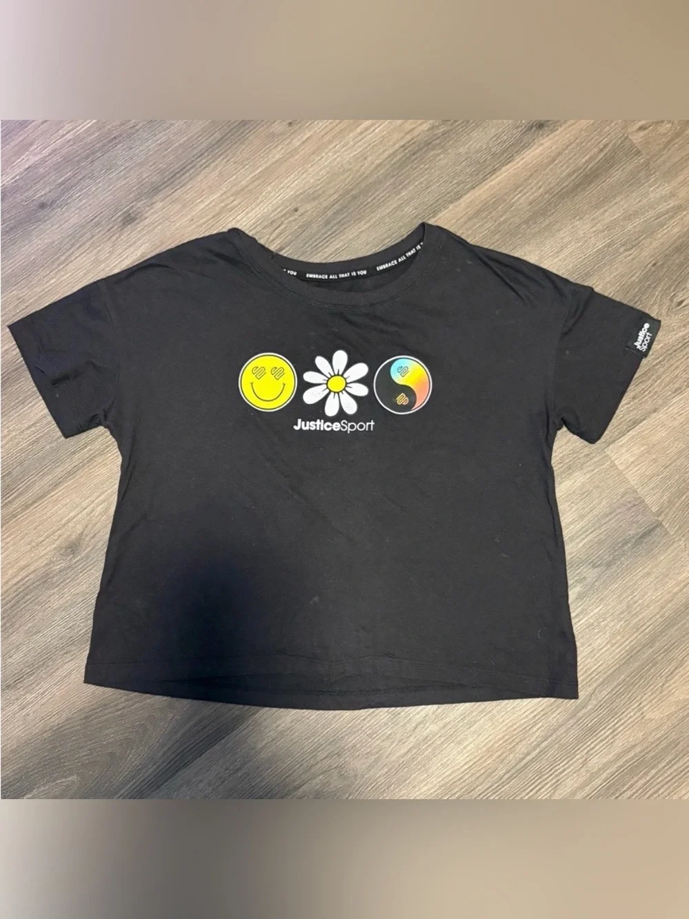 Justice Black Graphic Tee with Yellow Smiley, White Daisy & Rainbow Yin-Yang